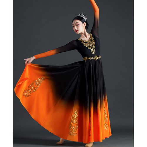 Women girls Orange Black Gradient Chinese Folk Xinjiang dance dresses Uyghur dance costumes female adult national art test large swing skirt performance Outfits for female